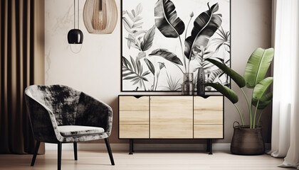 Modern design home interior of living room with wooden commode, design black armchair, tropical leafs and elegant accessories. Stylish home decor., Generative ai
