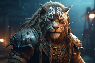 Portrait of a leopard-looking viking in armor standing on the battlefield, generative ai......
