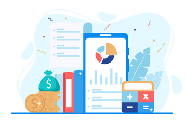 Save money and investment management finance technology. Calculating and analyzing personal or corporate budget, managing financial income. Vector illustration