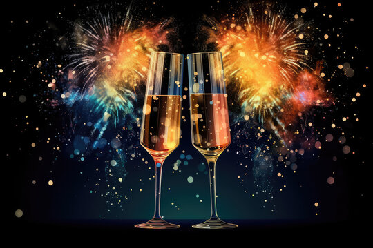 new year party champagne glasses firework background illustration Generative AI