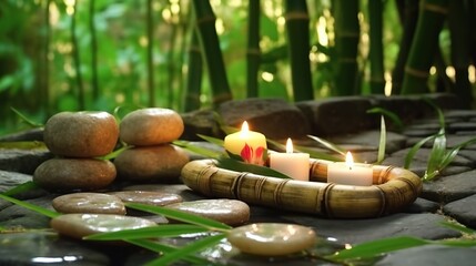 Natural cosmetics and Beauty spa treatment with candles with stones in Bamboo forest for spa...