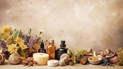 Obraz na płótnie Canvas natural cosmetics, ingredients and bathroom or spa accessories arranged on banner background, Generative AI