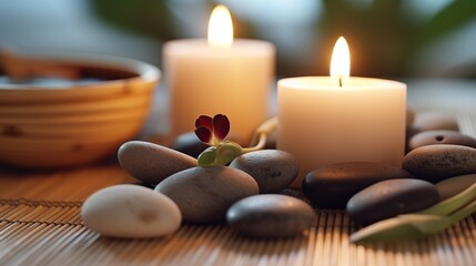 Obraz na płótnie Canvas Natural cosmetics and Beauty spa treatment with candles with stones for spa wallpaper Generative AI