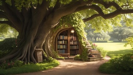 A whimsical scene of a small book collection tucked away in the shade of a grand old tree. generated by Ai