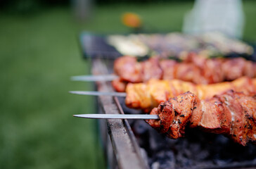 Barbecue beef pork shashlik. Cooking outdoor