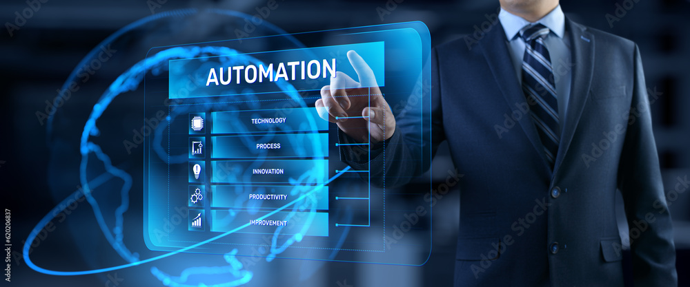Poster automation innovation technology concept. businessman pressing button on screen.