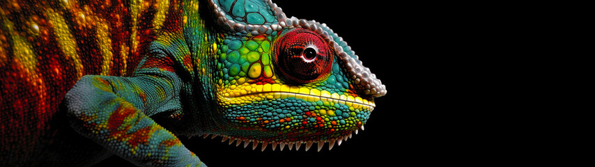 Fototapeta premium Banner or header with colorful cute chameleon on isolated black background.