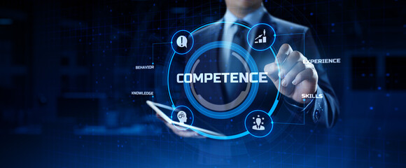Competence skills business and personal development concept. Businessman pressing button on screen.