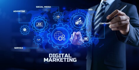 DIgital marketing online internet SEO SEM SMM. Businessman pressing button on screen.