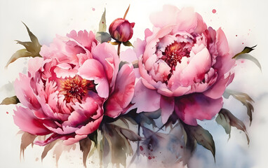 Peony flowers on white background, watercolor illustration, Generative AI