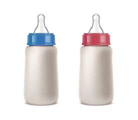 3d realistic vector icon. Baby girl and boy formula bottle.