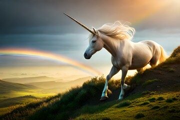 Naklejka na ściany i meble horse in the sunset with rainbow generative by Al technology