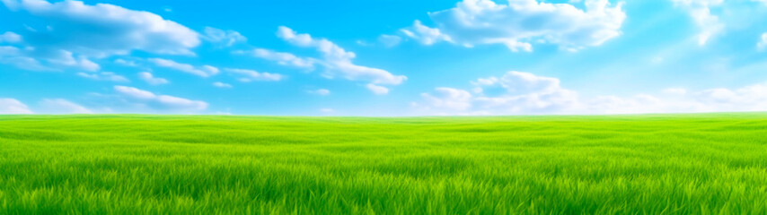 Fototapeta na wymiar Banner, green grass field and blue sky with clouds. Organic background. Copy space. Generative AI