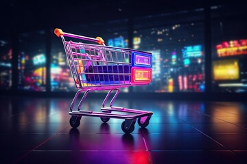 Shopping cart with neon colorful  can be viewed in modern stores with copy space - obrazy, fototapety, plakaty