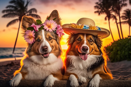 Two welsh corgis dogs wearing flower wreath hat on a tropical beach, generative ai