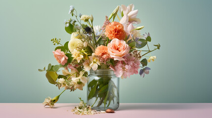 Floral Bouquet of Botanical Flowers Inside a Mason Jar - Beautiful Blooms, Petals, and Leaves - Against Mint Green Pastel Background with Copy Space - Generative AI