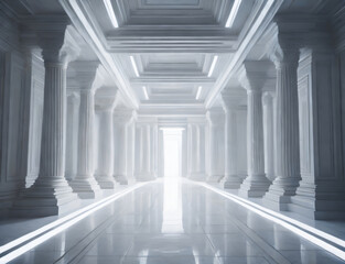 Obraz premium Temple hallway with columns and a light at the end