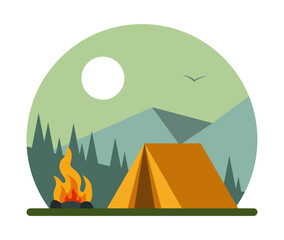 Camping Tent. Summer landscape. Travel flat icons.
