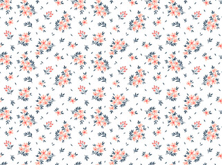 Ditsy floral pattern. Delicate flowers on white background. Printing with small pink flowers. Cute print. Seamless vector texture. Spring and summer motif. - obrazy, fototapety, plakaty
