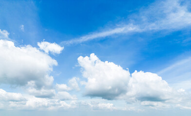 Fototapeta premium Blue sky background with tiny clouds. Gloomy vivid cyan landscape in environment day horizon skyline view spring wind