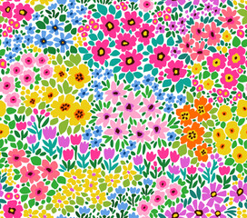 Cute floral pattern in the small flowers. Seamless vector texture. Trendy bright template for fashion prints. Printing with small multicolor flowers. White background. Stock print.