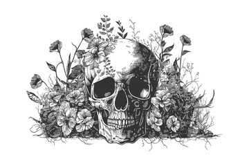 Human skull in flowers sketch hand drawn. Vector illustration design.