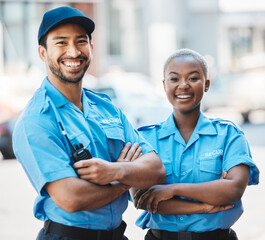 Security guard, safety officer and team portrait on the street for protection, patrol or watch. Law...