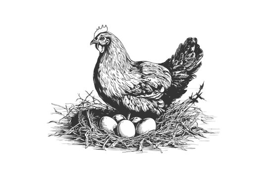 Hen laying eggs in the nest sketch hand drawn. Vector illustration design.
