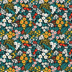 Fototapeta na wymiar Ditsy floral pattern. Vintage flowers on black background. Printing with small white, yellow and red flowers. Cute print. Seamless vector texture. Retro motif.