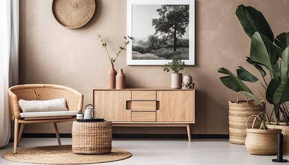Stylish interior design of living room with wooden retro commode, chair, tropical plant in rattan pot, basket and elegant personal accessories, Generative ai