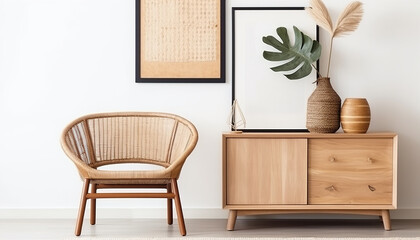 Stylish interior design of living room with wooden retro commode, chair, tropical plant in rattan pot, basket and elegant personal accessories, Generative ai