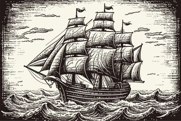Pirate ship sailboat retro sketch hand drawn. Vector illustration design.