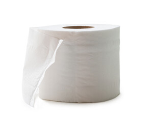 Single roll of white tissue paper or napkin prepared for use in toilet or restroom isolated on white background with clipping path.