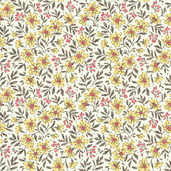 Vintage floral background. Floral pattern with small yellow flowers and red berries on a white background. Seamless pattern for design and fashion prints. Perfect for textile prints. Ditsy style. 