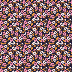 Fototapeta na wymiar Vintage floral background. Floral pattern with small white and pink flowers on a dark violet background. Seamless pattern for design and fashion prints. Ditsy style. Stock vector illustration.