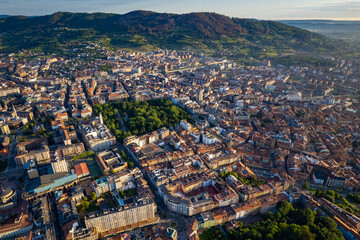 Oviedo, Spain - Aerial view of the Spanish city of Oviedo at sunrise during summer