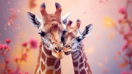 Illustration of giraffe couple in love. Abstract love animal concept - obrazy, fototapety, plakaty
