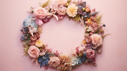 Floral Wreath on Pink Background with Copy Space - Overhead Craft View with Beautiful Circular Flower Blooms - Generative AI