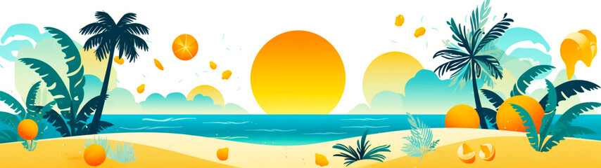 Fototapeta na wymiar Watercolor banner with vacation concept background. Palm and sea at sunset. Copy space. Generative AI