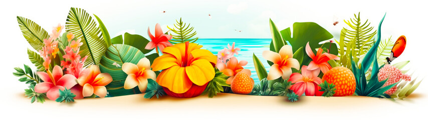 Banner with colorful tropical background. Vacation postcard. Generative AI