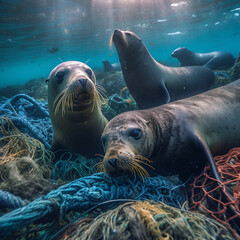 Naklejka premium fur seals are caught to save them AI