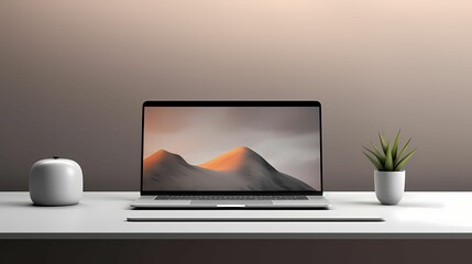 Laptop with landscape screen on grey background suitable for pc or laptop screen saver 