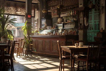 Fototapeta na wymiar Aisa traditional old coffee shop at morning
