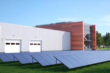Fototapeta na wymiar Photovoltaic solar panel next to an industrial building. Solar farm, 3D illustration