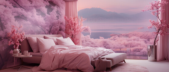 A modern hotel bedroom with cherry blossom interior design. The room has amazing views of the ocean and mountains. The perfect place for a relaxing summer vacation.
