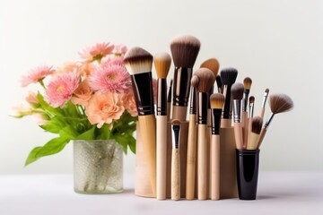 Set of cosmetic products for makeup with natural brushes white background