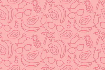summer seamless pattern with banana, cocktail, pineapple, sunglasses, cherry, palm tree and papaya- vector illustration