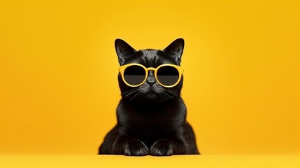 Illustration of a black cat wearing yellow sunglasses on a yellow background - obrazy, fototapety, plakaty