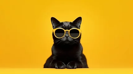 Fotobehang Illustration of a black cat wearing yellow sunglasses on a yellow background © NK