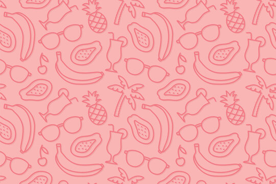 summer seamless pattern with banana, cocktail, pineapple, sunglasses, cherry, palm tree and papaya- vector illustration
